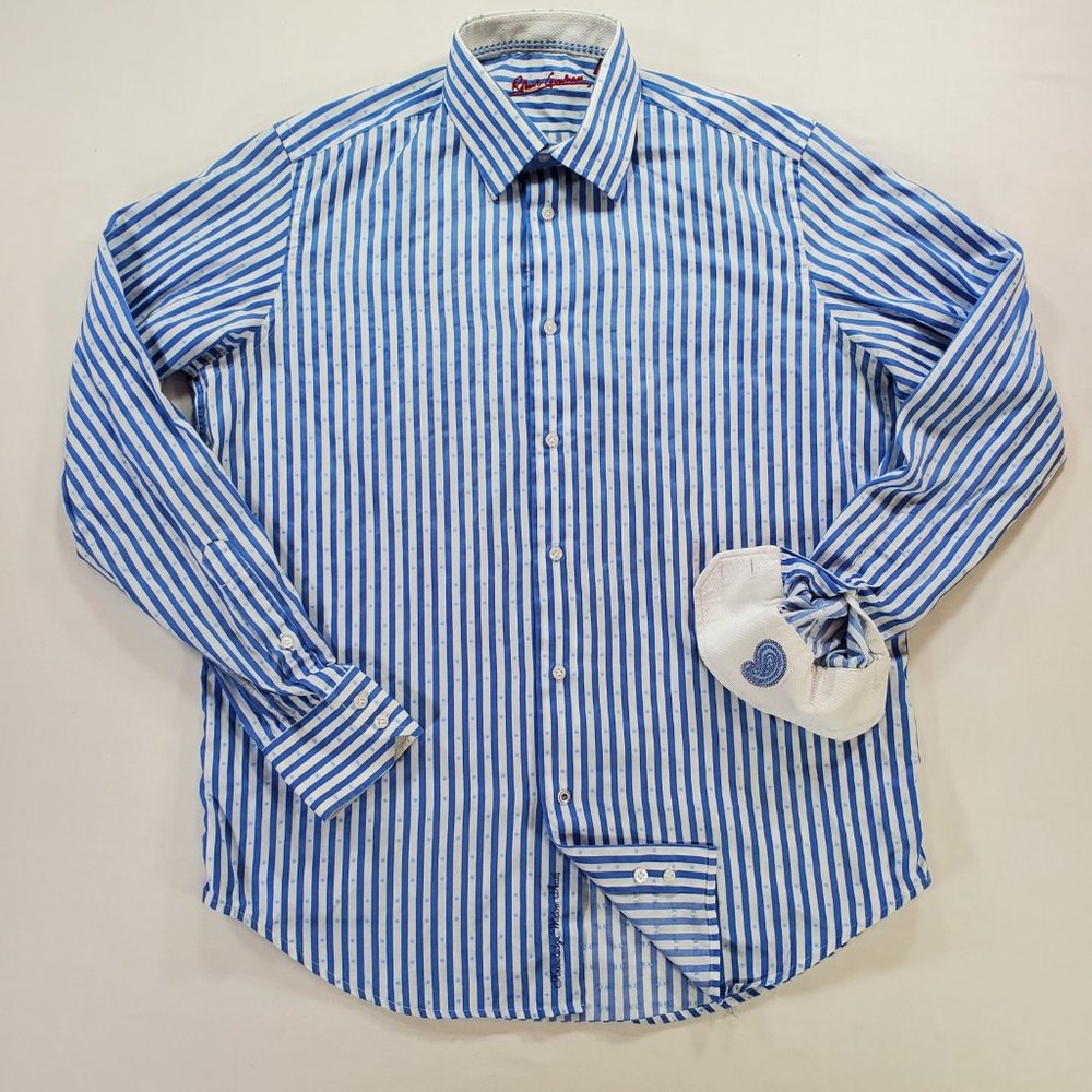 Robert Graham Dress Shirt Men Medium 15.5 / 39 Blue Striped Tailored Fit Vintage